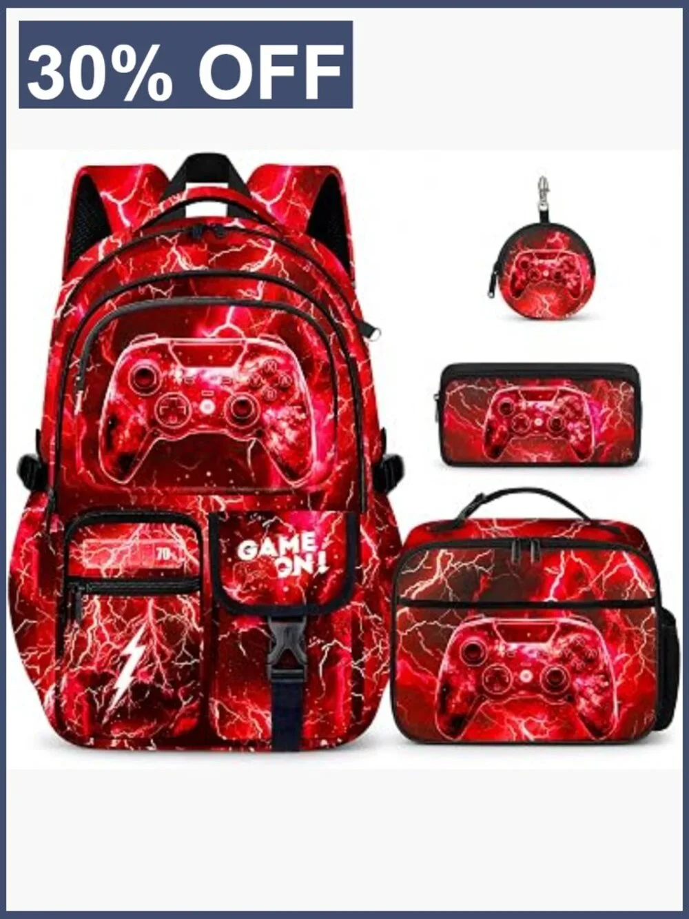 4-Piece Gamer Backpack Set with Lunch Box Pencil Case for School